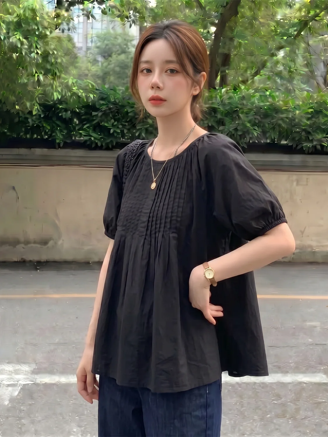 Slimming Loose Short Sleeve Bubble Shirt Women's Base Layer Summer 2026 plus Size Fat MM Folded Design Sense T-Shirt