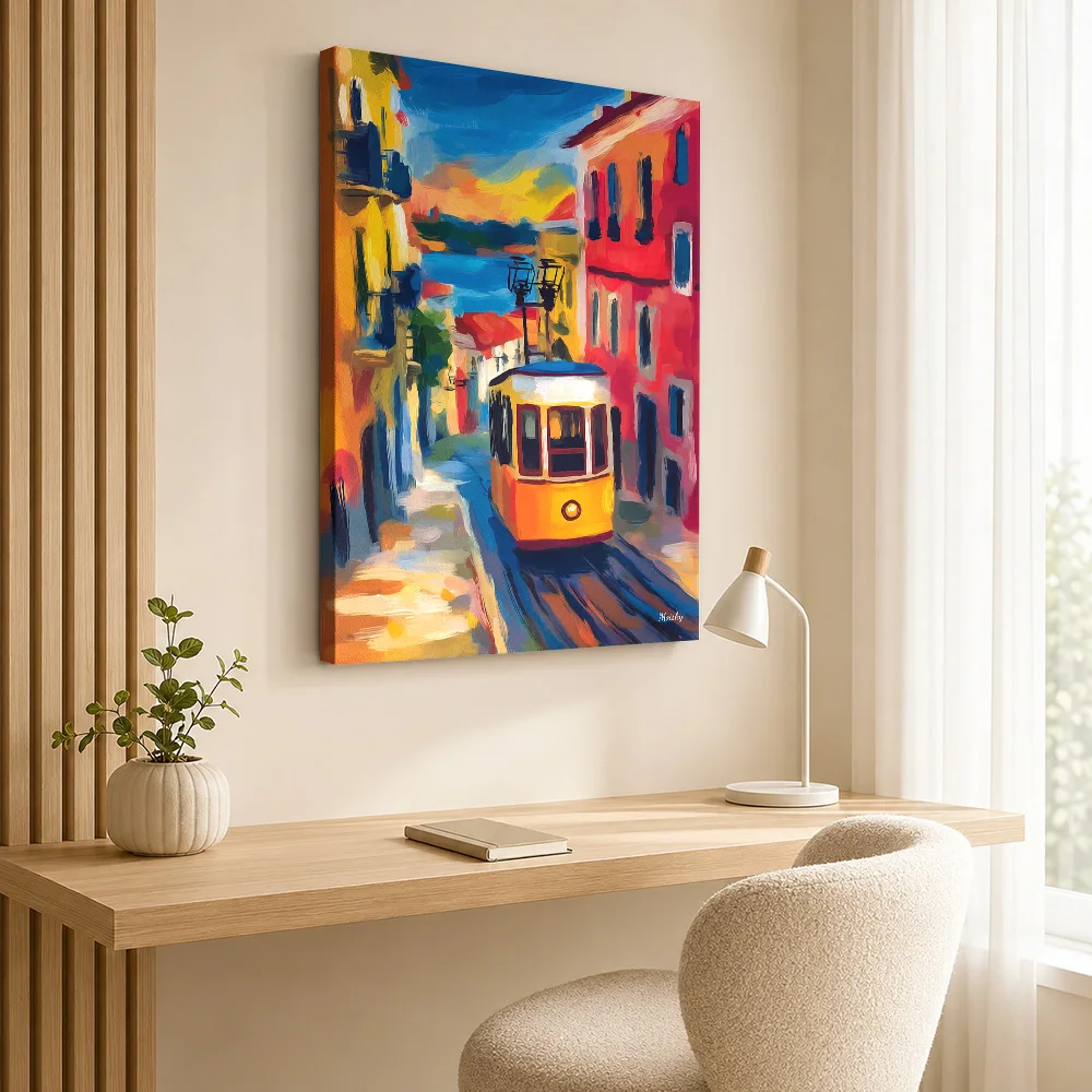 Lisbon Fauvist Cityscape – Colorful Alfama Skyline Framed Canvas Poster Custom Travel Landscape Canvas Wall Art for Hotel Decor