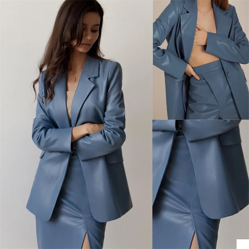 Leather Women Skirt Suits Set 2 Pcs Blue Haze High Waist Knee Length Prom Dress Sexy Blazer Mother of the Guest Dress Jacket