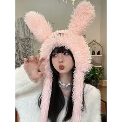 Koean Sweet and Cute Rabbit Ears Bomber Hats for Women Autumn and Winter Thickened Warm Plush Pullover Ear Protector Caps