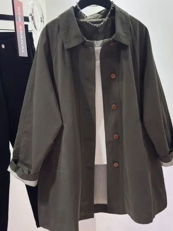 

Loose Casual Korean Sle Windbreaker Jaet Men Women Autumn Winter New Sle Mid-Length Top Button Decoration Iron-Free Fabric