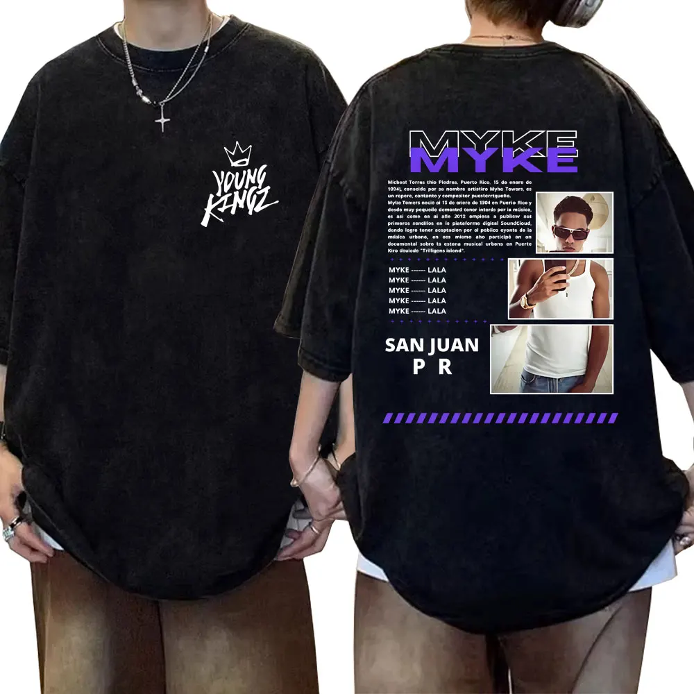 

Rapper Myke Towers Washed Vintage T-shirt Men Women Hip Hop Fashion Oversized T Shirts Men's Cotton Casual Short Sleeve T-shirts