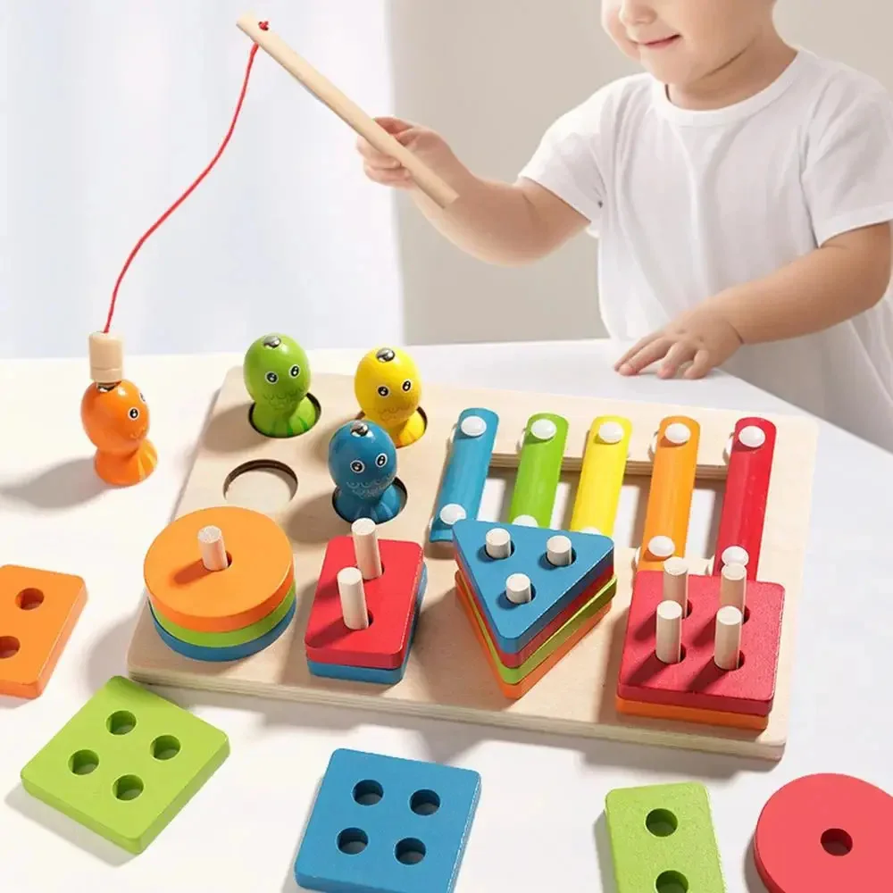 Montessori 3 in1 Wooden Toys Shape & Stacking Fishing Games Musical Instruments Puzzle Toys for Boys Girls Birthday Xmas Gift