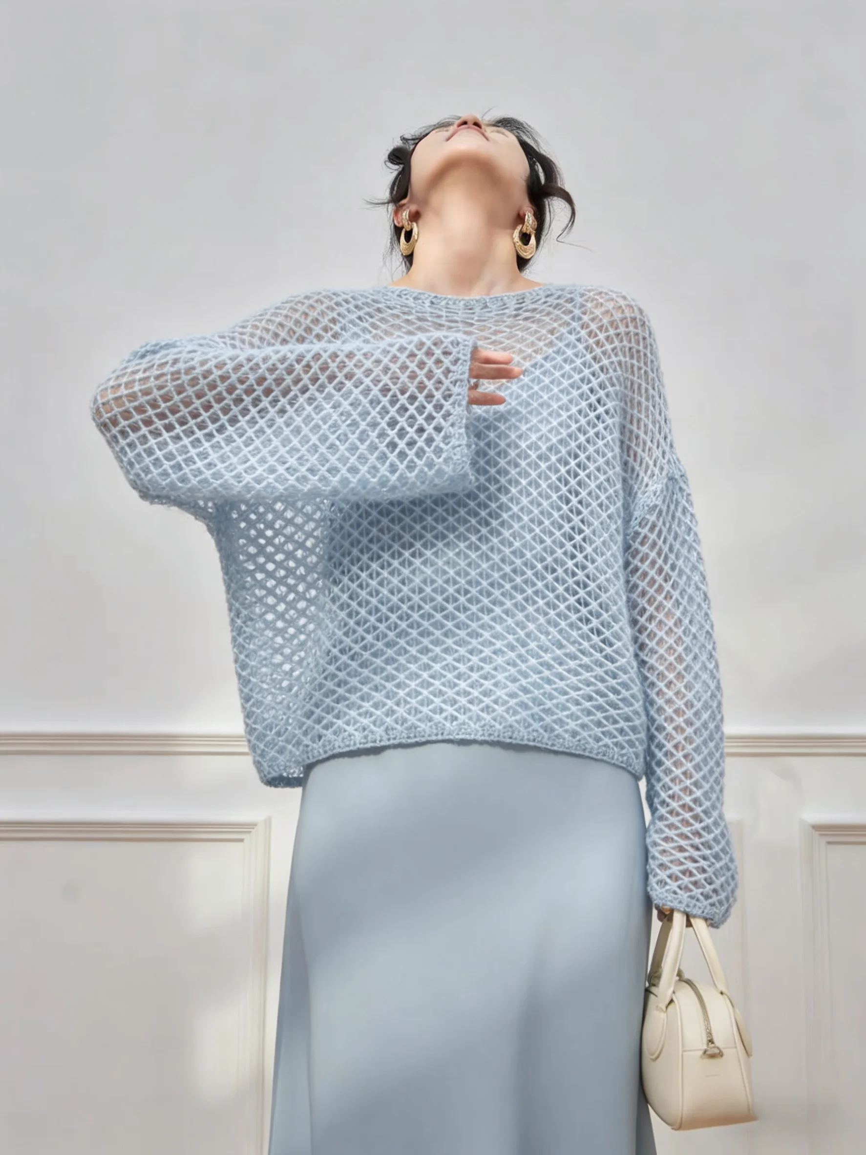 

Spring 2026 Blue Hollow out Top And Skirt Set Women's Fashionable Early Summer Outfit High Waist Loose Fit round Neck Long Sl...