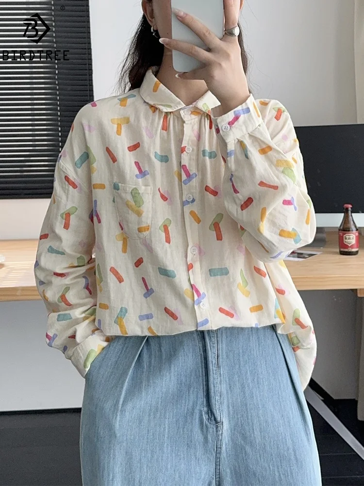 New Autumn Cotton Yarn Long Sleeve Shirt, Women Lapel Cartoon Print Top, Mori Girl Fashion Loose Blouses, 2024 Winter T48857QM