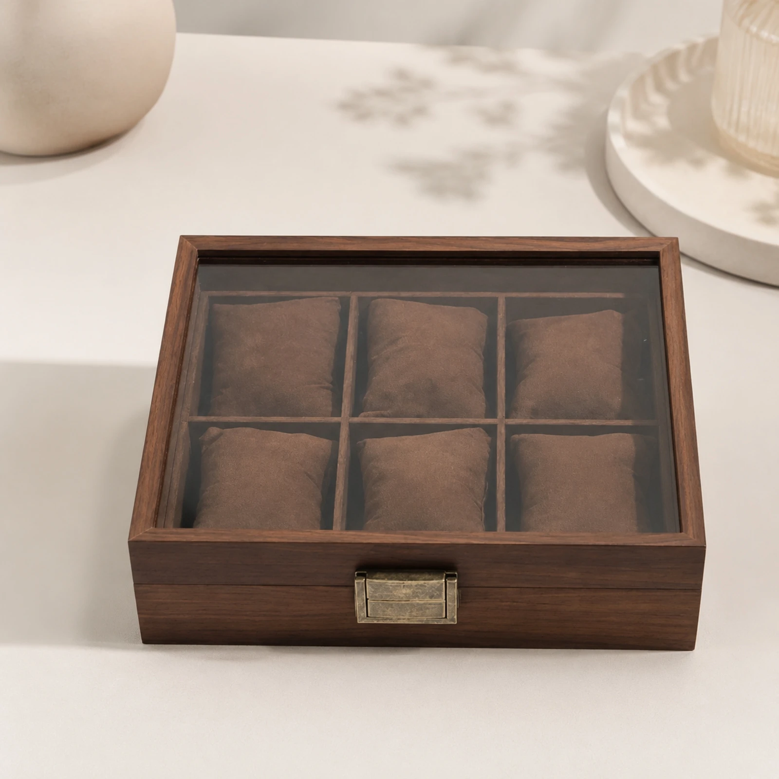 Watch Display Box with Velvet Pillows Walnut Wood-Grain 6-Slot Watch Storage Box Sturdy Compact for Dresser, Gift Presentation