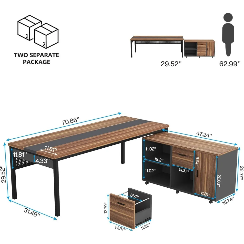 70.8" Large Executive Office Desk and 47" Lateral File Cabinet Combo, L-Shaped Computer Desk 2 Piece Business Furniture with