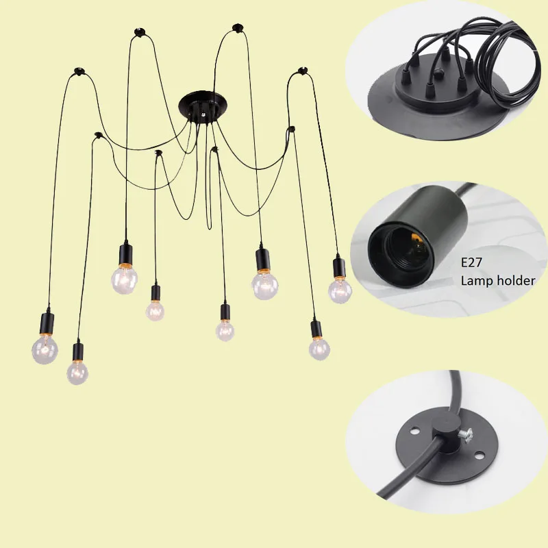 Vintage Retro Industrial Pendant Lamps Black Spider Chandelier E27 Edison bulb DIY Ceiling Light Hanging Lamp adjustable wire