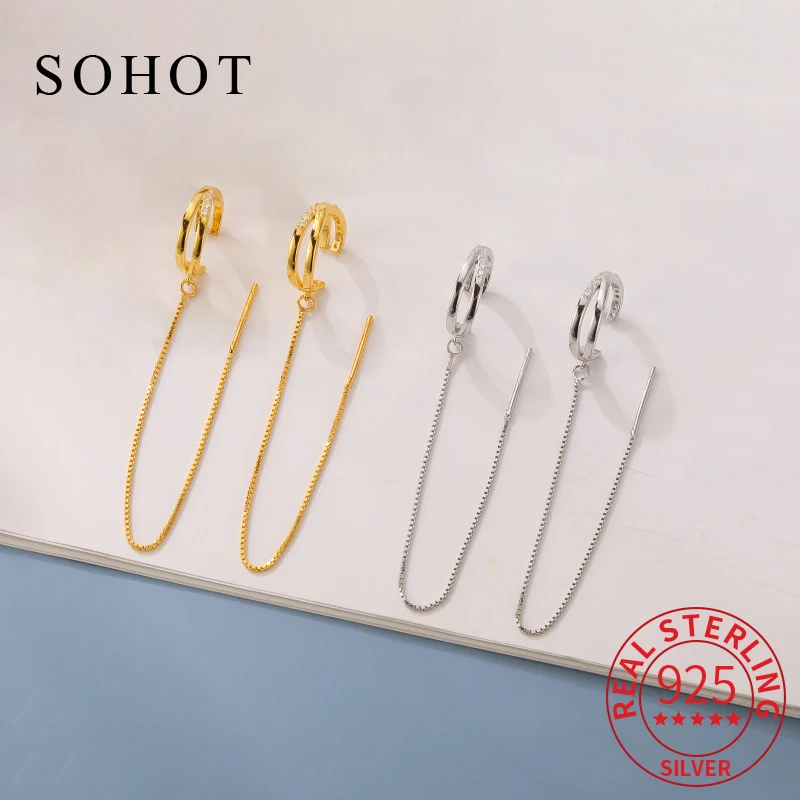 

Real 925 Sterling Silver Cross Zircon Chain Tassel Clip Earrings For Women Party Minimalist Fine Jewelry Exquisite Accessories