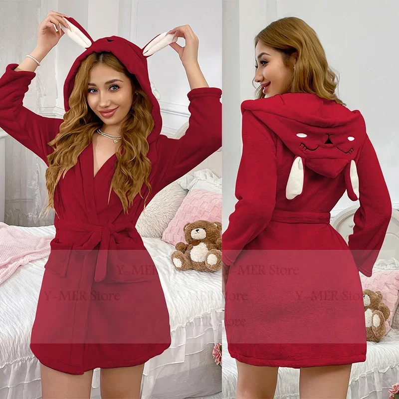

Cute Rabbit Hooded Sleepwear Nightwear Women Autumn Winter New Warm Flannel Kimono Gown Short Robe Sleepwear Loungewear Pajamas