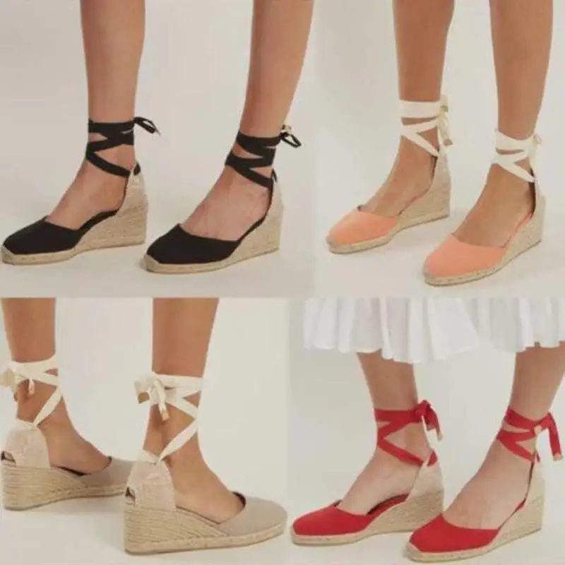 Sandalias de Esparto con Cordones Cómodas para Mujer, con Correa al Tobillo, Tacón Plano, Punta Redonda, Suela de Goma, Estilo Casual