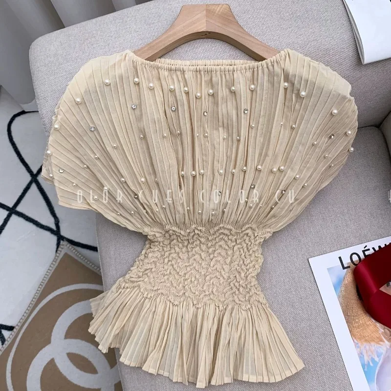  Pleated Beaded T-Shirt 2026 New Round Neck Waist-Cinched Short Sleeve Top Women's Simple Elegant No-Iron Travel Clothing