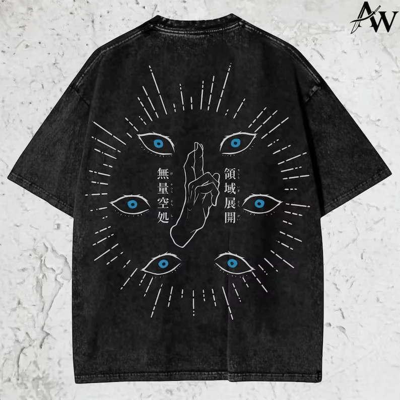 Vintage Washed Jujutsu Kaisen Gojo Satoru Six Eyes Infinite Void Double‑Sided Graphic Tee Unisex Oversized T‑Shirt