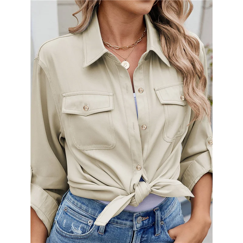 

Women Button Down Shirts Casual Long Sleeve V Neck Chambray Blouse Top