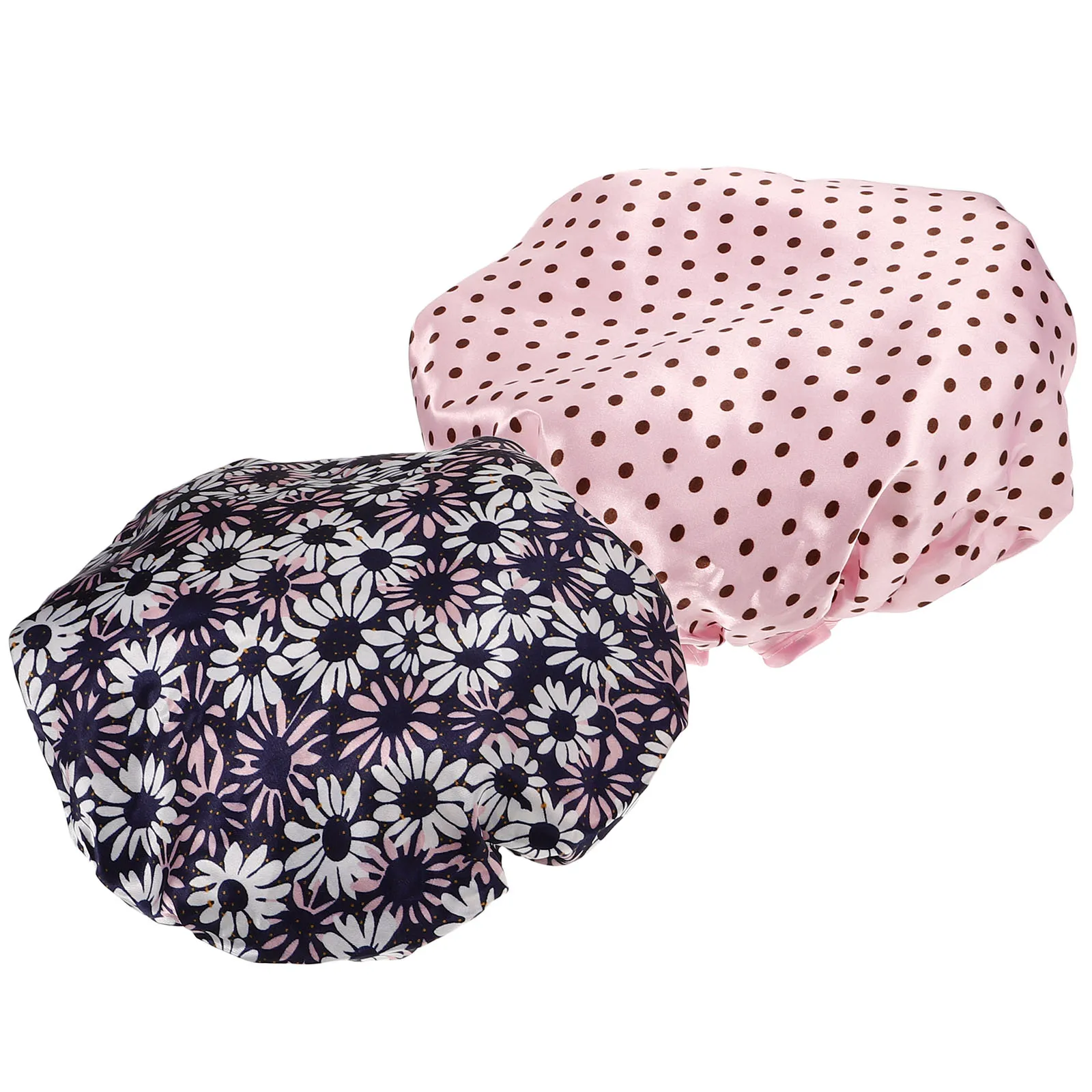 

2Pcs ShowerCap WomenBathHat WaterproofDoubleLayer PolyesterElasticBand FoldableLightweight FitsAllHeadSizes BathingShower