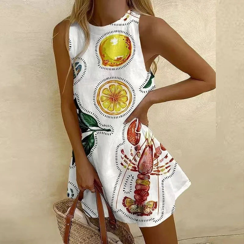 Vintage Printed Mini Dress Women Casual O Neck Sleeveless Tank Dresses For WomeN Beach Party Dress 2025