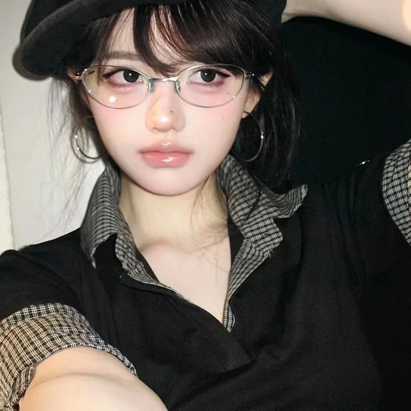 Korea Retro Alloy Anti-Blue Glasses Frame Women INS No Makeup Plain Glasses Men Decorative Computer Glasses