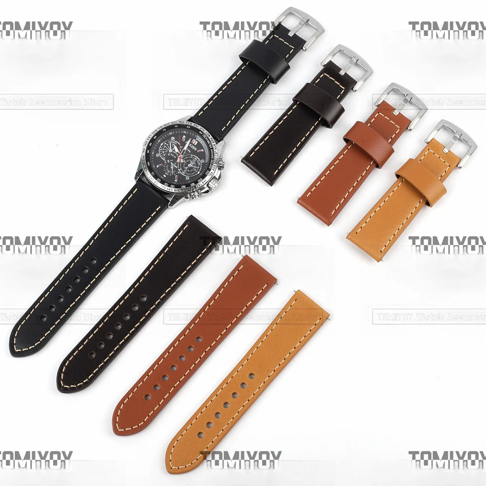 

New Generic 4mm Thick 18mm 20mm 22mm 24mm Black Brown Coffee Earthy Yellow Cowhide Strap Fit For SKX RLX TISS OMG Watch