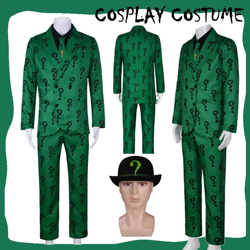 

Костюм для косплея Riddler, зеленые костюмы, шляпа, головные уборы, полный комплект одежды, наряды для ролевых игр из фильма Super Villain, костюмы для вечеринки на Хэллоуин