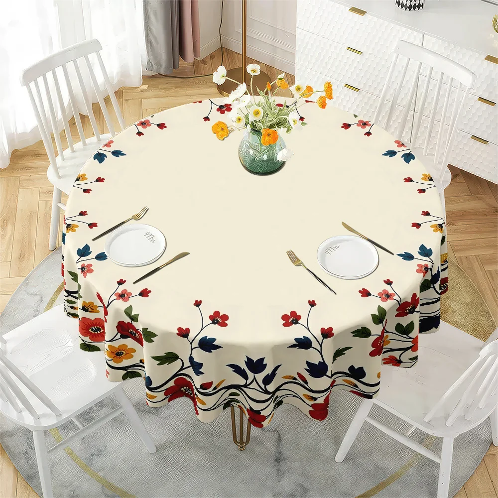 One elegant floral polyester round tablecloth. Beautiful flowers surround the edge of the table. Suitable for use.zyc