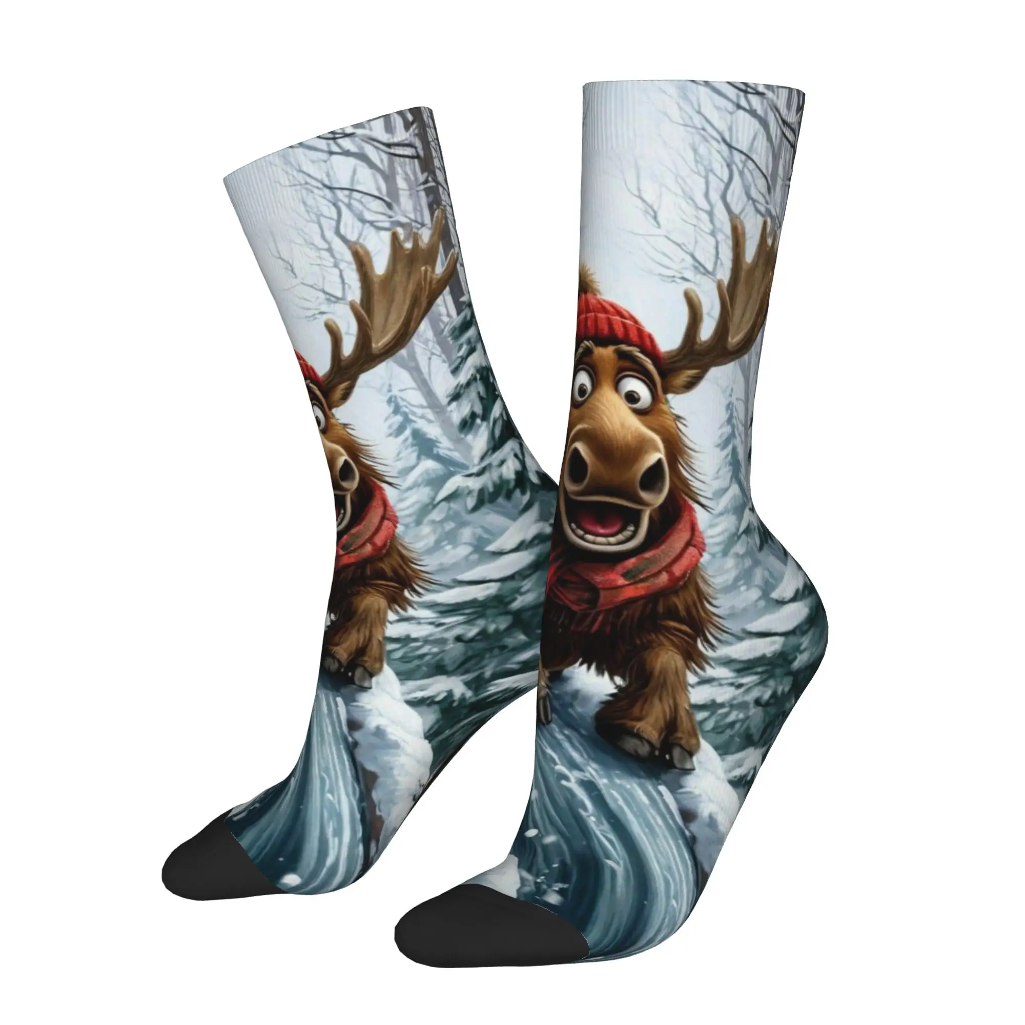 1 Pair Funny Sock  Excited Moose Sliding Down Snowy Hill Harajuku Quality Pattern Printed Men Socks Casual Men's Socks