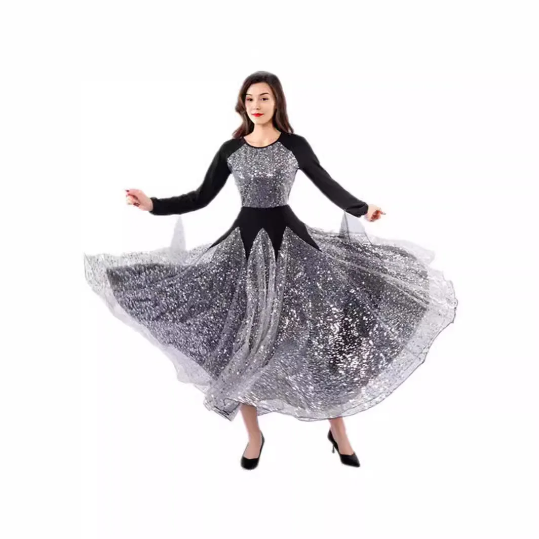 Modern Dance Gray Skirt Ballroom Dance Skirt Mesh Long Skirt Dance Performance Dress Large Swing Sequin Skirt