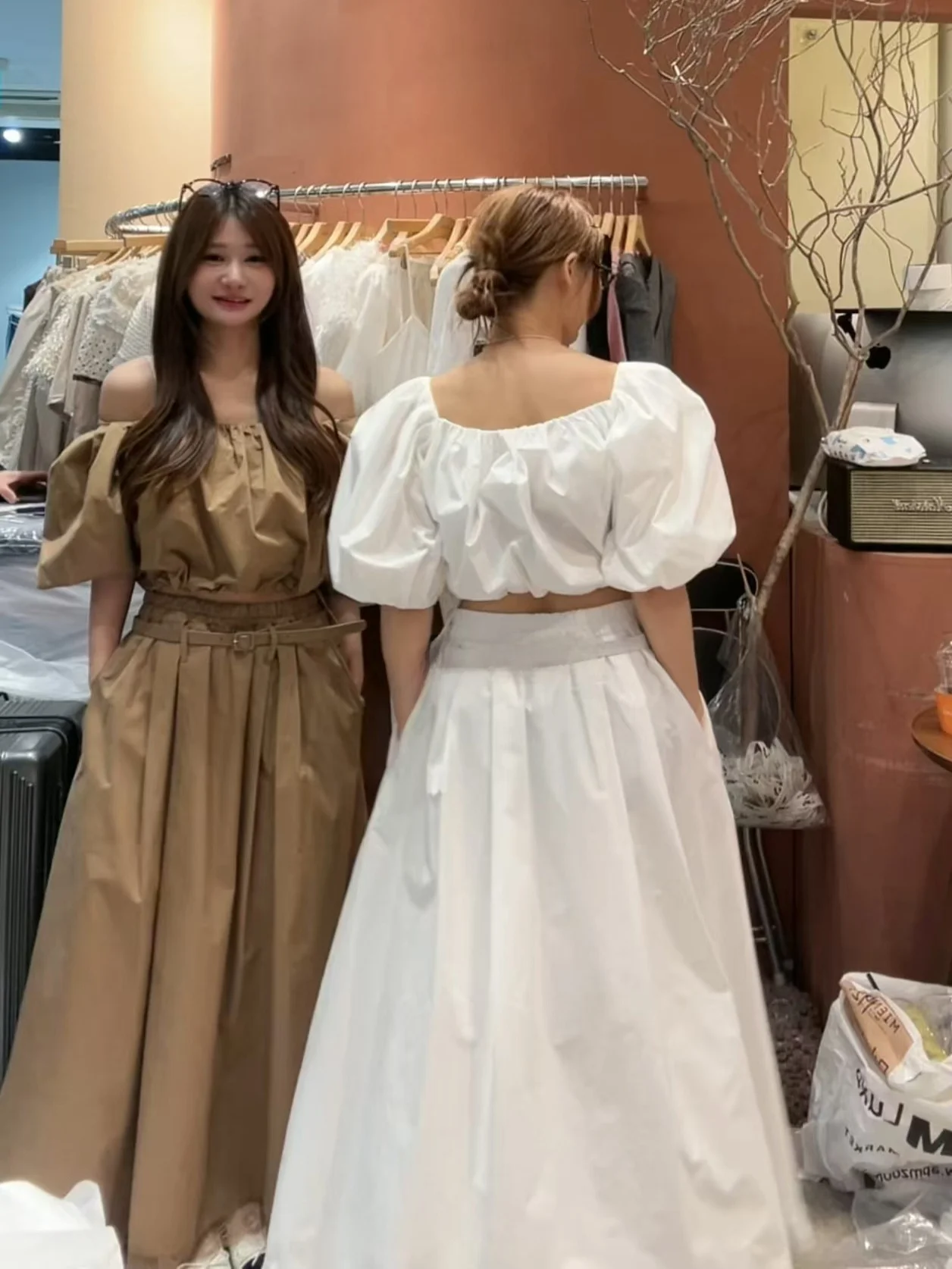 

Women's Bubble Sve irt Top with ter Ne Pleated Bust ort Lace Trimed Skirt Set Cotton Fabric Summer Faion