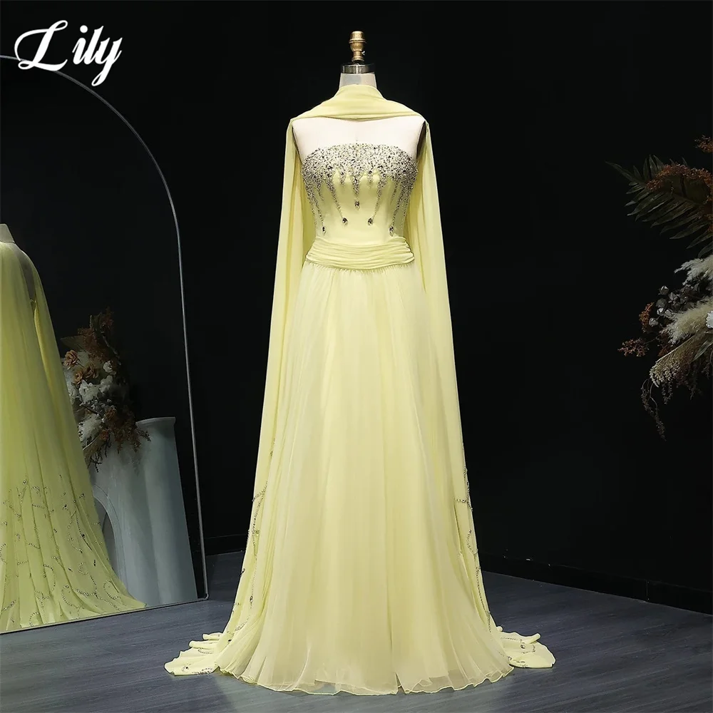 

Lily Yellow Chiffon Evening Dress Strapless Beading On Chest Formal Gown Draped Neck Scarf Night Dresses Prom Dresses Customized
