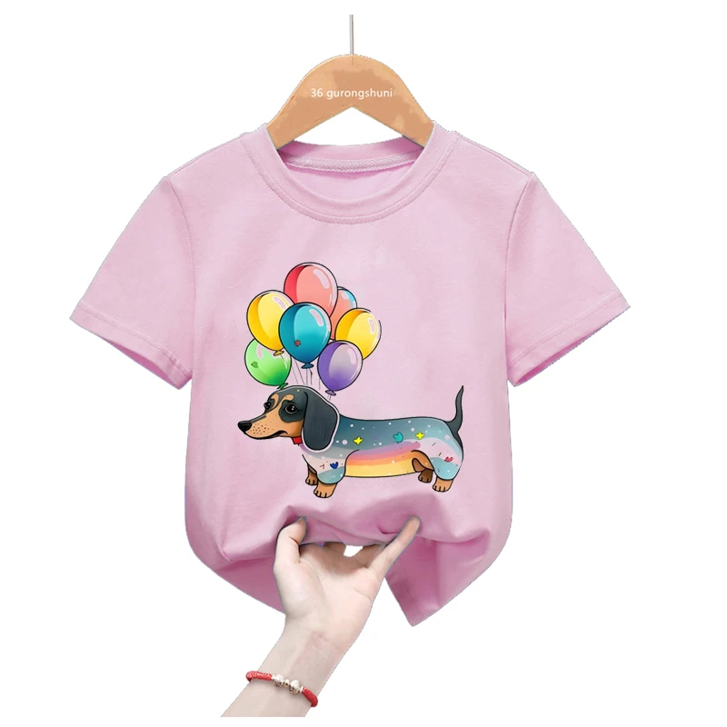 2024 Hot Sale Funny Pink T Shirt Girls Kawaii Dachshund Love Balloon Animal Tshirt Kids Clothes Summer Tops Tee Shirt