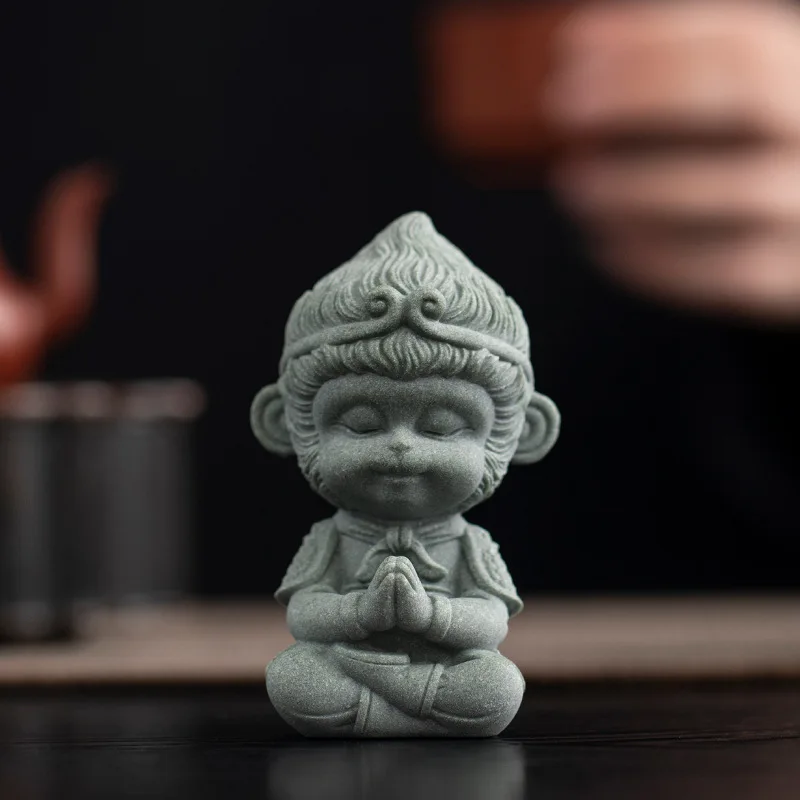Green Sandstone Sun Wukong Figurine Tea Pet Small Ornament Desktop Creative Fish Tank Landscape Home Decoration Crafts Gift