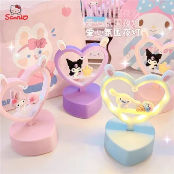 Sanrio luz nocturna Hello Kitty Cinnamoroll Melody Kuromi dibujos animados niños lámpara de mesa brillante creativa en forma de corazón luz nocturna regalos