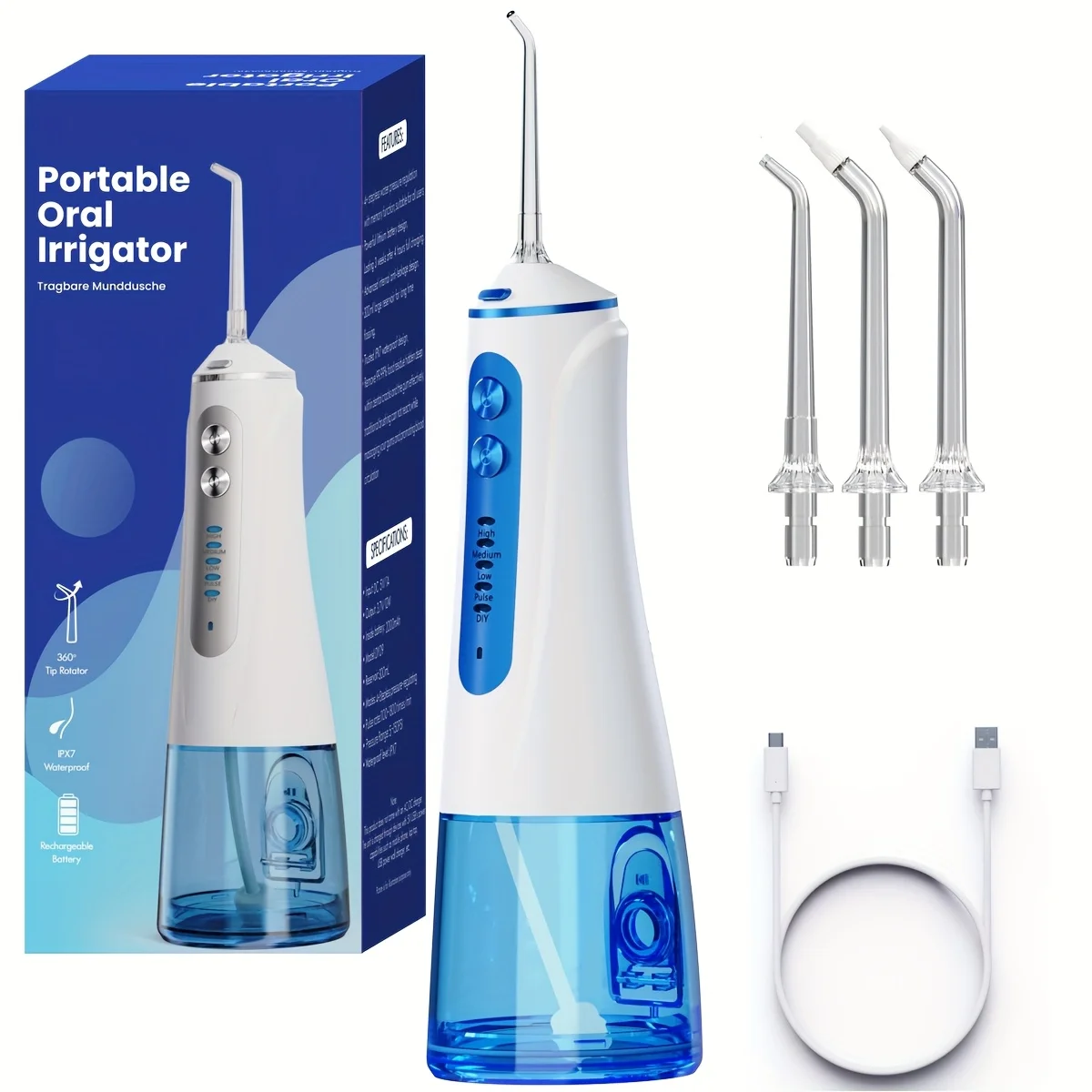 

Водяная ирригатор для зубов, портативный ирригатор для полости рта, стоматологическая струя воды, очистка под высоким давлением, мытье рта, 300 мл, 5 режимов, 3 струйные наконечники