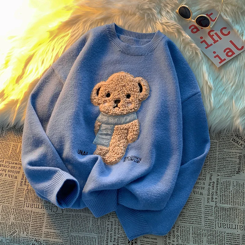 Women Pullovers Winter Jumpers Knitwear Cute Bear Sweater Knitted Harajuku 2021 Round Collar Loose Pullovers Oversized Teens New