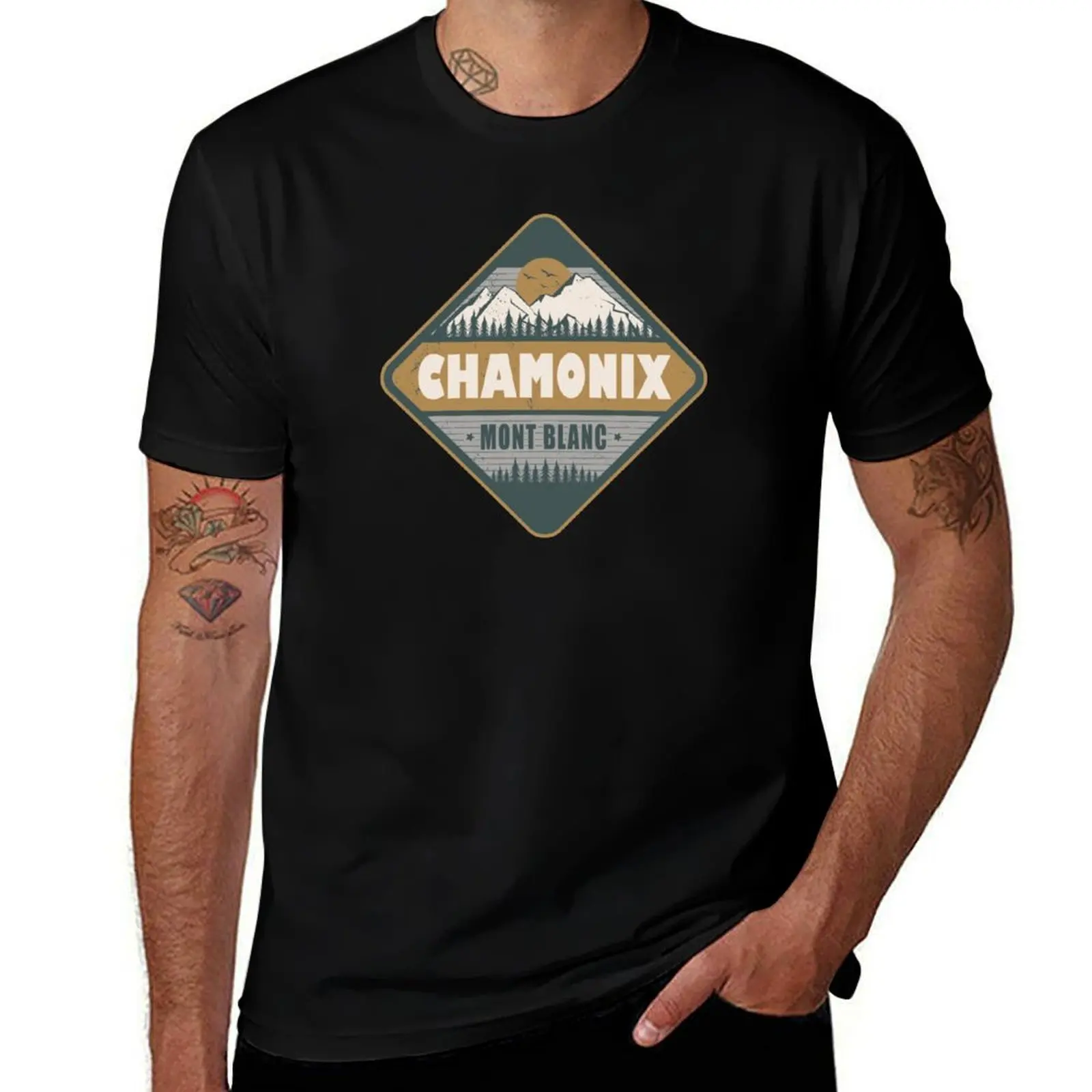 Chamonix Mont Blanc France Vintage Hiking Design T-Shirt Simple Solid Color Crew Neck Tee
