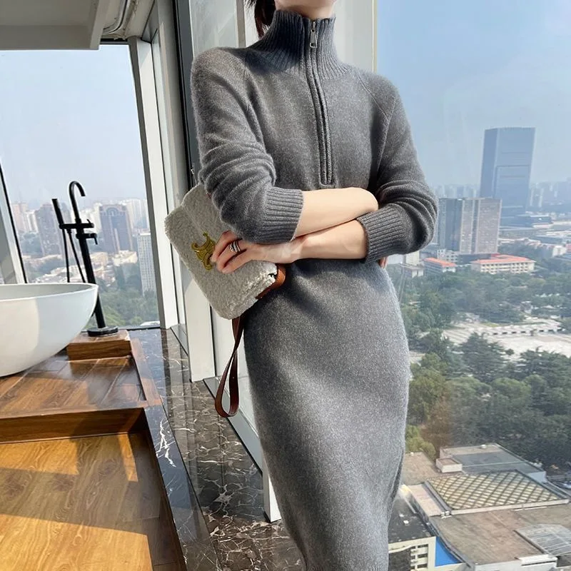

Autumn Winter Knitted Sweaters Long Turtleneck Sweaters Women's Long Skirts Loose Solid Color Versatile Sweaters for Outer Wear