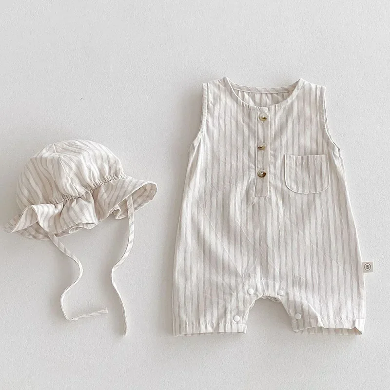 2025 New Summer Newborn Baby Boys Girls Romper+Hat Sleeveless Cotton Stripe Toddler Baby Girls Jumpsuit 0-24M Baby Clothing 2