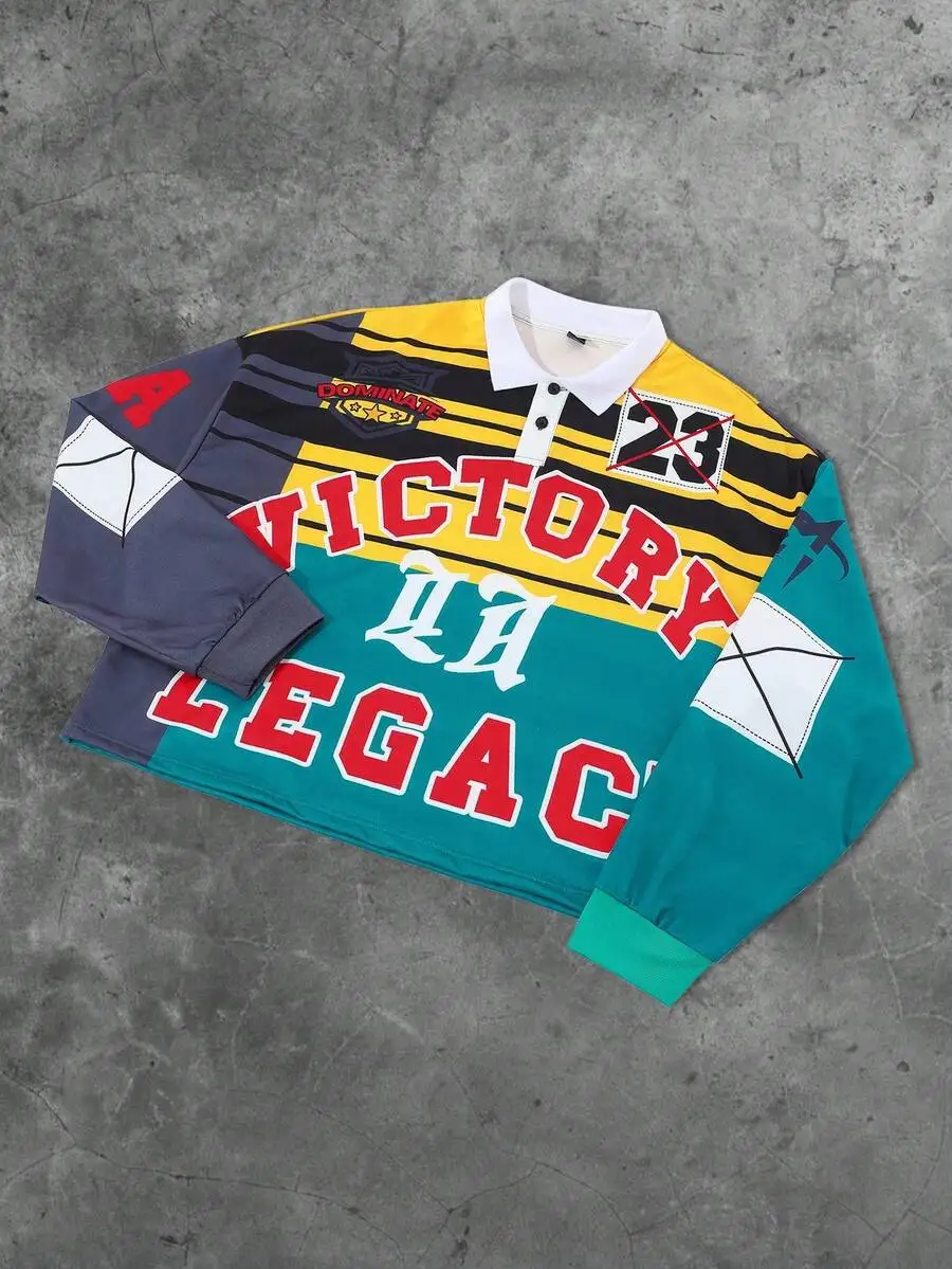 

Men's Long Sleeve Contrast Color Patchwork Graphic Polo Collar Shirt