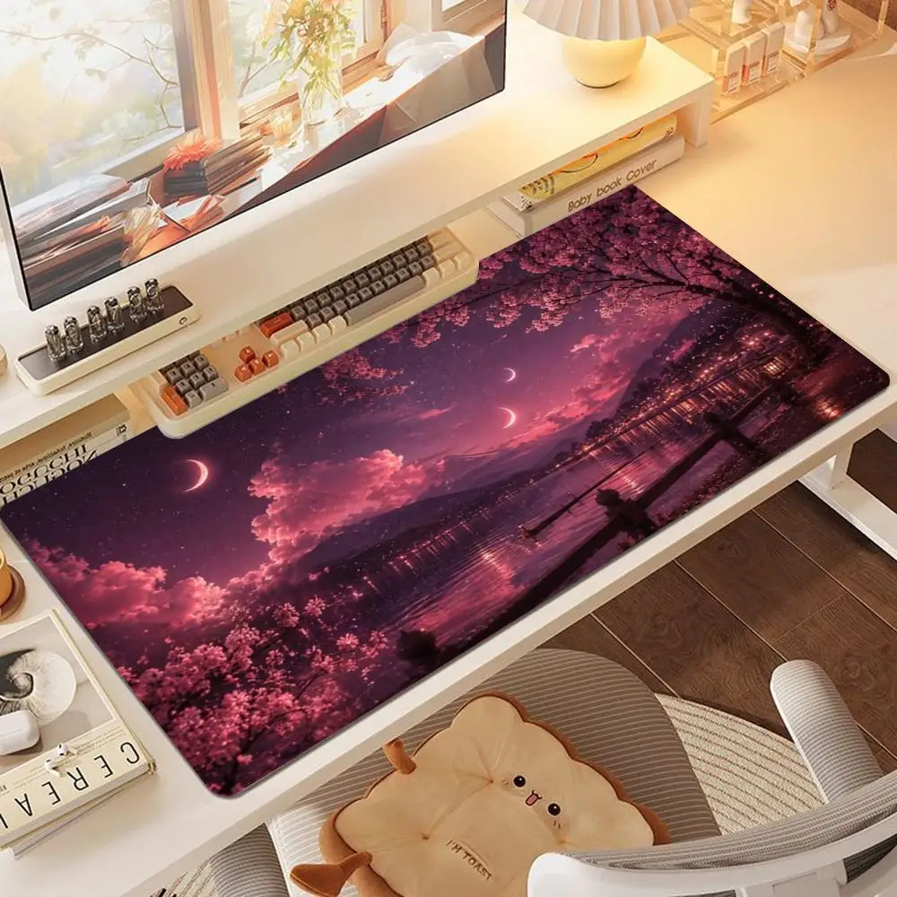 Large Cherry Blossom Night Sky Mouse Pad, Dream Purple Moon Landscape Art Pattern Non‑Slip Rubber Extended Desk Mat