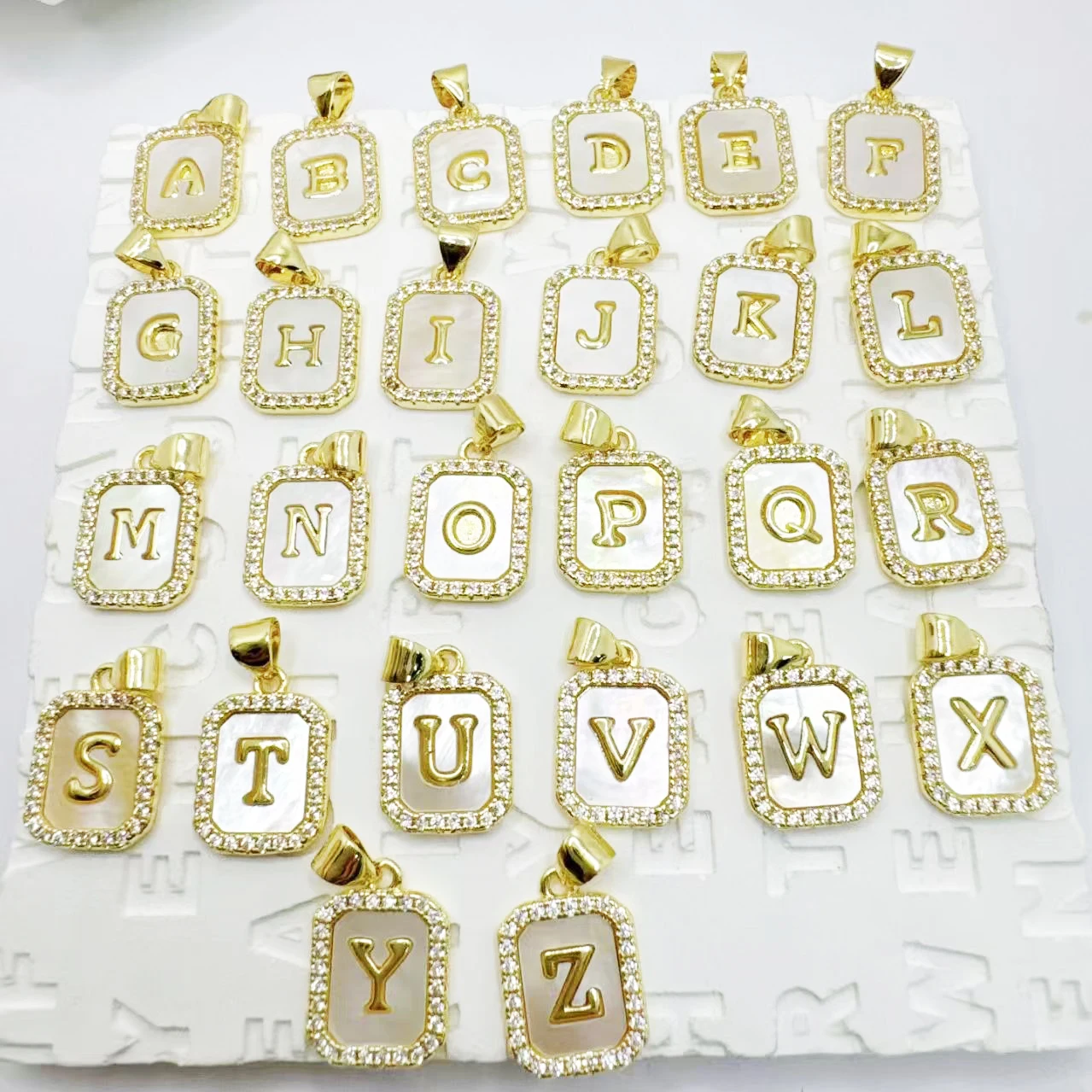 

26 Pieces Fashion Zircon White Shell Initial letter Pendant Rectangle Medal Women gift Fashion Jewelry Accessories