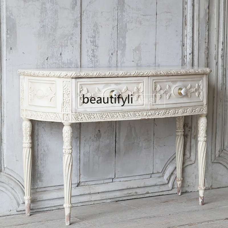 

French American Country All Solid Wood Carved White Distressed Curved Desk Bedroom with Drawer Writing Desk