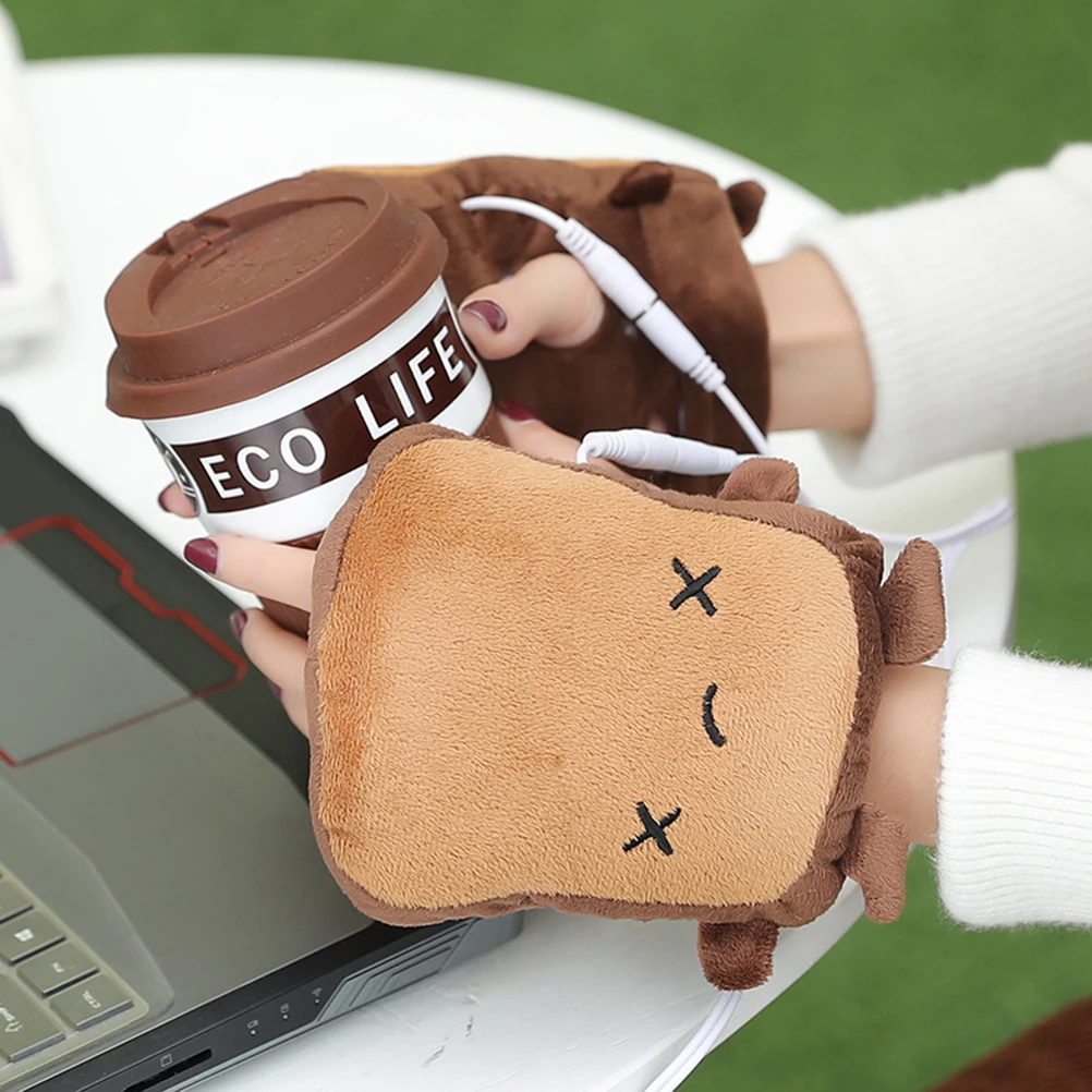 

USB Heated Gloves Half Finger Bread Style Electric Warmers Portable Cute Microwavable for Women Men Winter Soft Comfortable USB