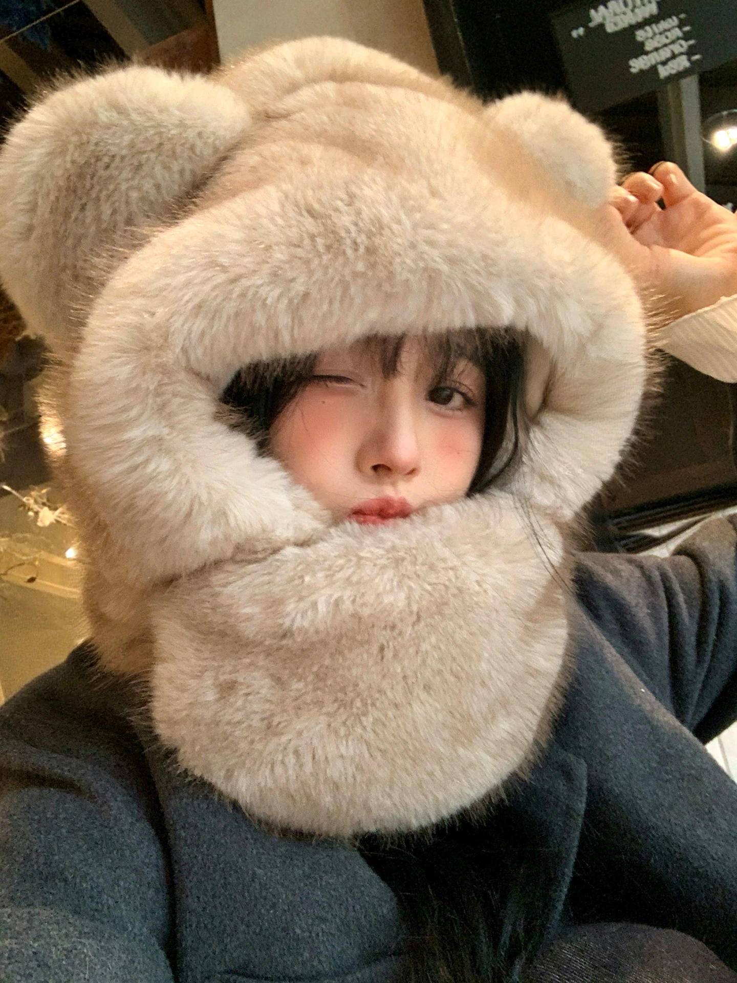 Warm Furry Bear Ear Hat for Women Winter Commute Thickened No Brim Foldable round Top Youth Adjustable Unisex Cute Cartoon De...