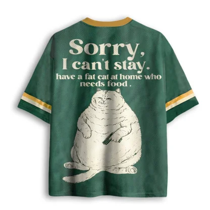 Sorry I Can't Stay Funny Fat Cat Quote Print Men V Neck Mesh Jersey Casual Short Sleeve Top