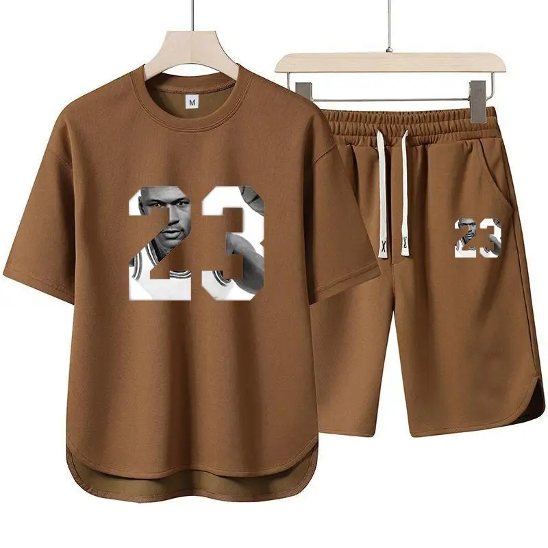 

New Men's Waffle Summer Set Korean-style Casual T-shirt + Shorts Set Men's Sports Set Printed Number Sportswear Loose-fit Set
