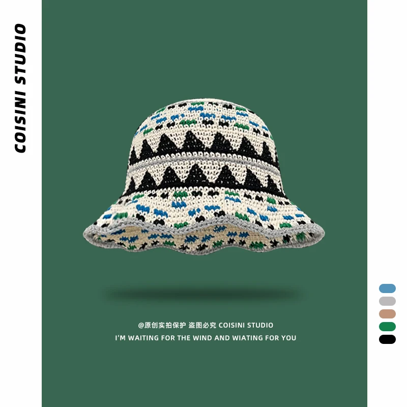 Fair Island Style Retro Jacquard Knitted Bucket Hat for Men and Women Spring Summer Versatile Show Face Small Fashion Basin Cap