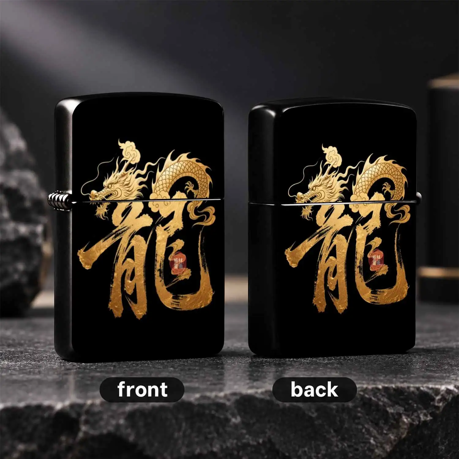 Eastern Style Style Gilded Dragon Calligraphy Black Base Gold Stamped Auspicious Cloud Dragon Pattern Trendy Decor Windproof Durable Personalized Gift For Men Collectible Pocket For Dragon Year Business Present A Fun And Humorous Lighter
