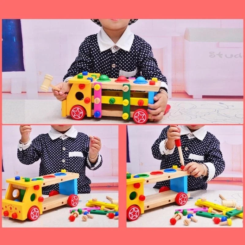 لعبة تجميع المسمار للأطفال صندوق أدوات خشبي لعبة النجار لعبة سيارة الهدم لعبة التعليم المبكر لعبة الإمساك 15UB