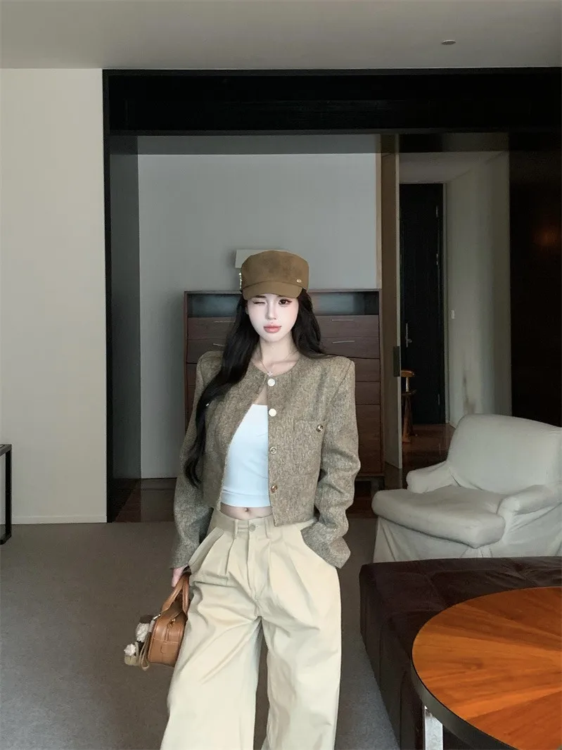 

Rizzma Short Open Cardigan Coat Women's Autumn Long Sleeve round Neck Luxury Fluffy Woolen Material ShangFeng Outerwear