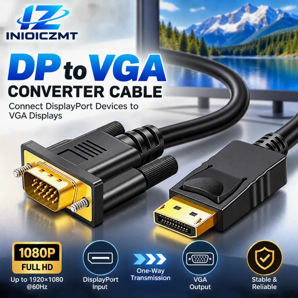 1.8M DisplayPort To VGA Cable 1080P Full HD DP Male To VGA Adapter Converter One Way for Desktop PC Laptop Monitor Projector TV