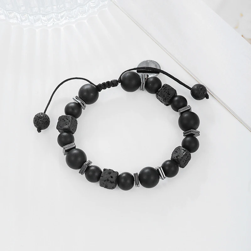 Black Bracelet Lava Square Volcanic Stone Bracelet Men\'s Matte Black Glass Beads Adjustable Bracelet Bracelet Charm Bracelet